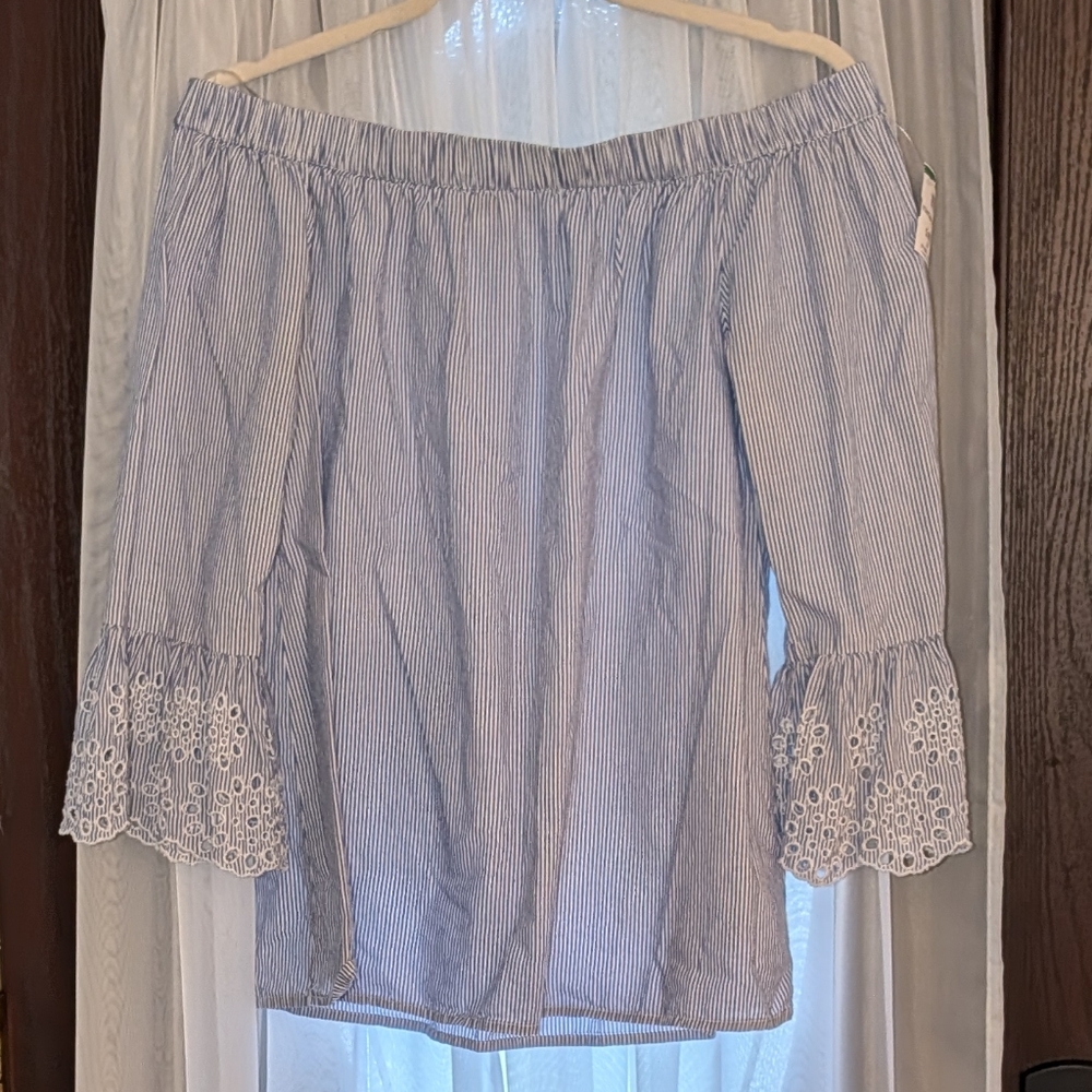 beachlunchlounge Blue Striped Off-Shoulder Blouse
